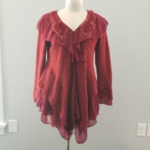 Pretty Angel Red Blouse Sweater Ruffle Hem Roses L